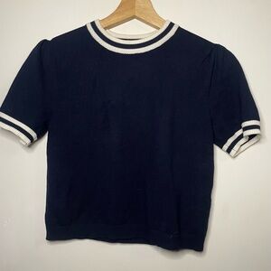 Navy Blue Short Sleeve Sweater with White Trim Cropped Knit